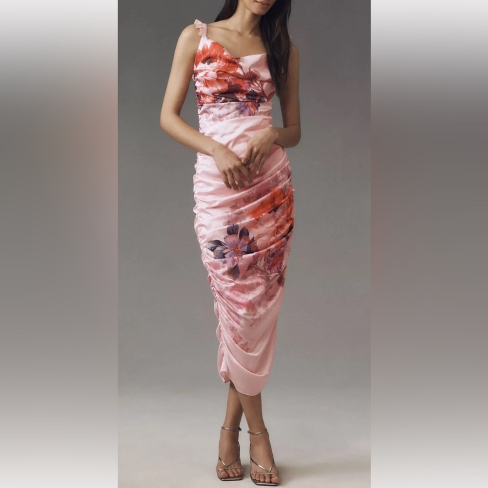 BHLDN Callie Sleeveless Ruched Printed Charmeuse Pink Midi Dress Size Large